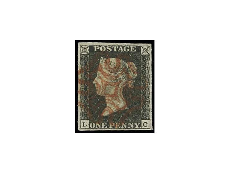 1840, 1 d. black, plate 4, LC, good to wide margins, neatly cancelled with central double lined red MC (most likely Stonehave