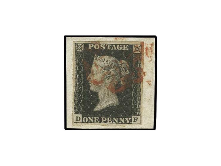1 d. black, plate 4, DF, good margins all round, with double corner letter "D", tied by red MC to small piece, very fine, cer