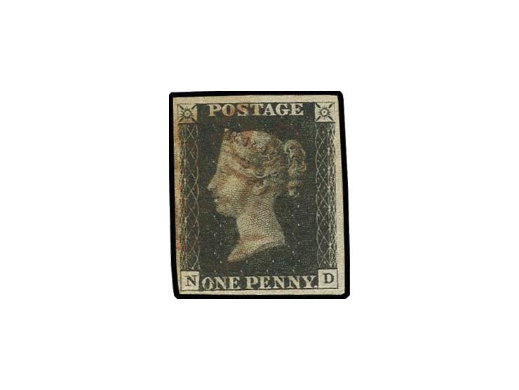 1 d. black, plate 5, ND, good margins all round, with clear re-entry in "ONE", light central red MC, very fine