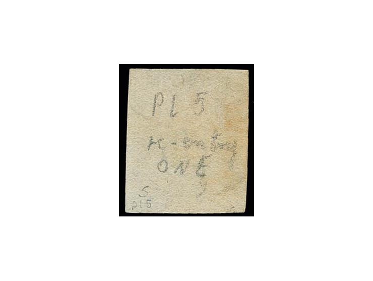 1 d. black, plate 5, ND, good margins all round, with clear re-entry in "ONE", light central red MC, very fine