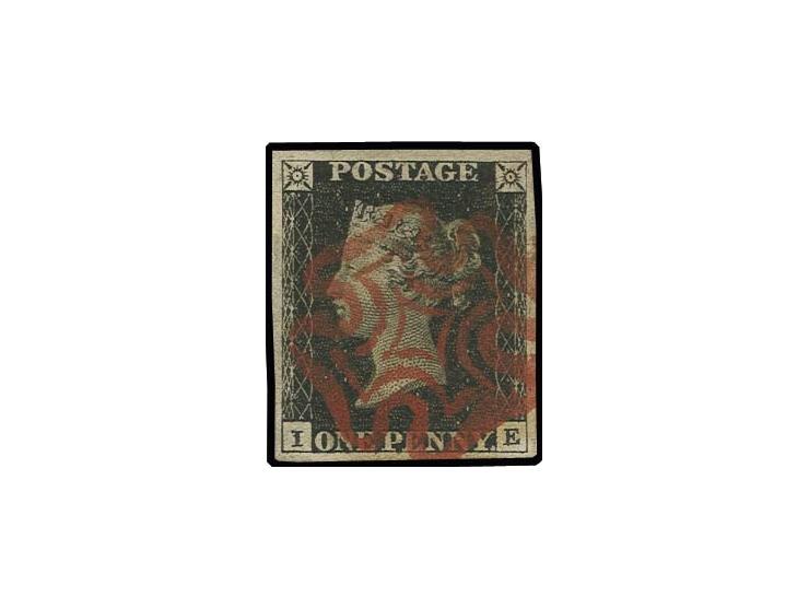 1 d. black, plate 5, IE, good margins all round, clear central red MC, very fine, certificate Pröschold BPP