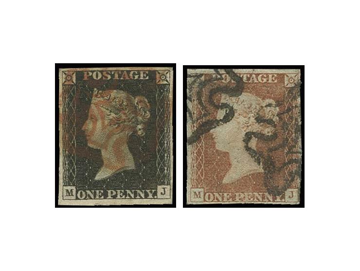 1 d. black, plate 2, MJ in mached pair with 1 d. red (small faults), good margins all round, light central red MC, fine, sign