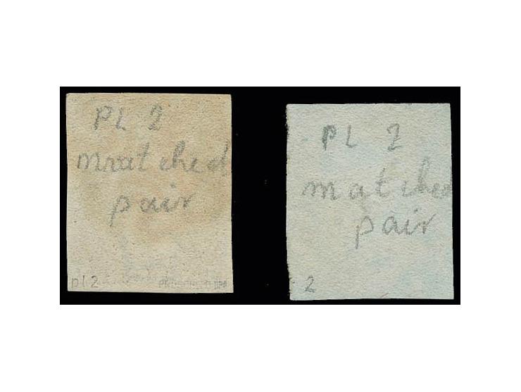 1 d. black, plate 2, MJ in mached pair with 1 d. red (small faults), good margins all round, light central red MC, fine, sign
