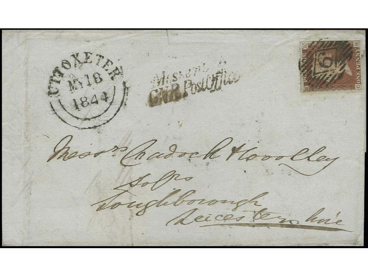 1 d. red-brown, good margins all around, tied by numeral "6" to folded cover from "UTTOXETER MY 18.1844" and adjacent double 