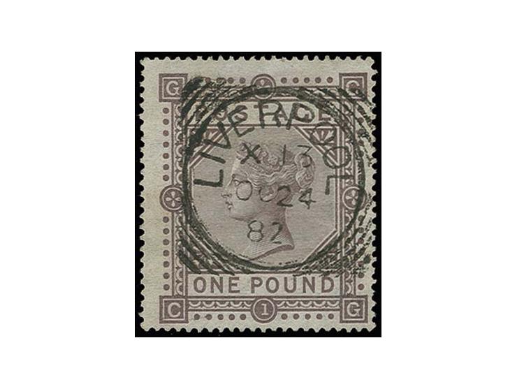 1878, wm. 'Maltese Cross': 1 £ brown-lilac, perfect perforation and in fresh deep colour, used with central clear squared cir