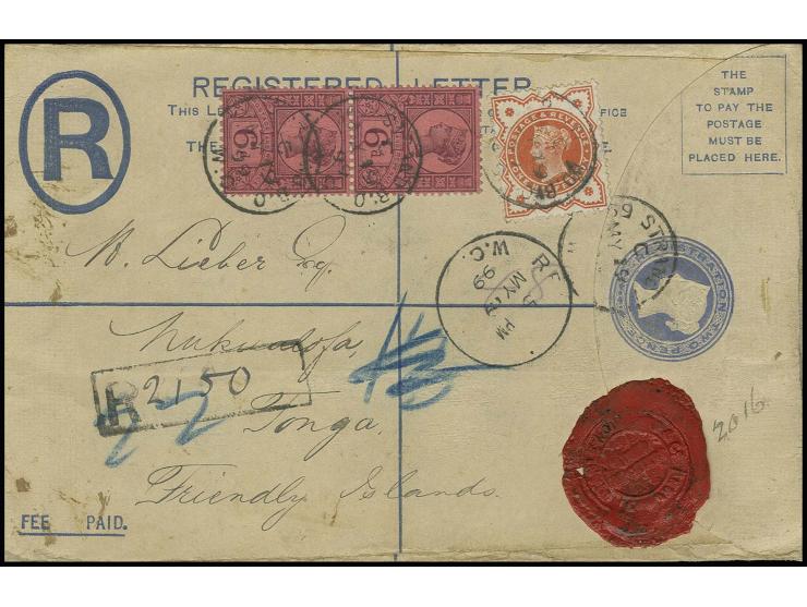 1887/92, ½ d. orange and vertical pair 6 d. purple, tied by cds. "STRAND W.O. MY 19 99" to register envelope 2 d. blue with a