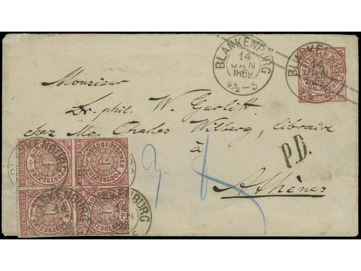 GRIECHENLAND: 1868, 1 Groschen karmin im 4er-Block, farbfrisch und mit meist gutem Durchstich, das rechte Paar oben kleiner D