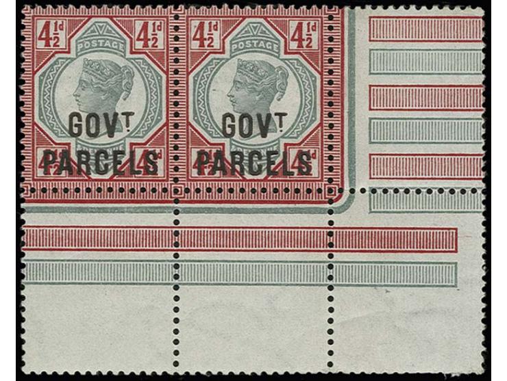 GOVT. PARCELS: 1891/1900, 4½ d. green/carmine, horizontal pair with sheet lower and right sheet margins, unused, very fine, c