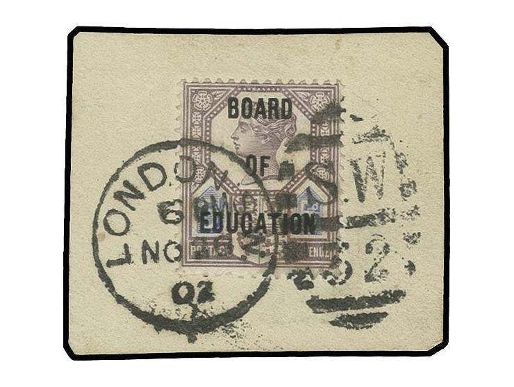 5 d. dull purple and blue, tied by London duplex to small piece, interesting overprint flaw "partly missing O of OF", very fi