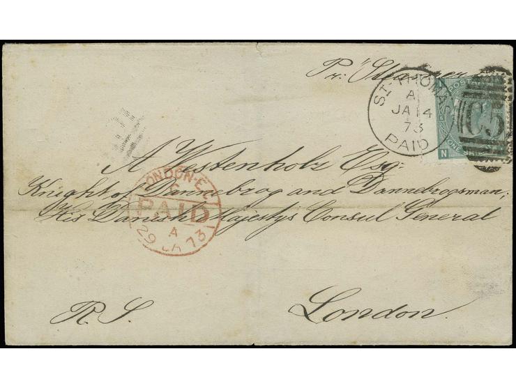 USED ABROAD: DANISH WEST INDIES: 1 sh. green, plate 6, tied by duplex "C51 / ST. THOMAS PAID JA 14 73" to letter sheet adress