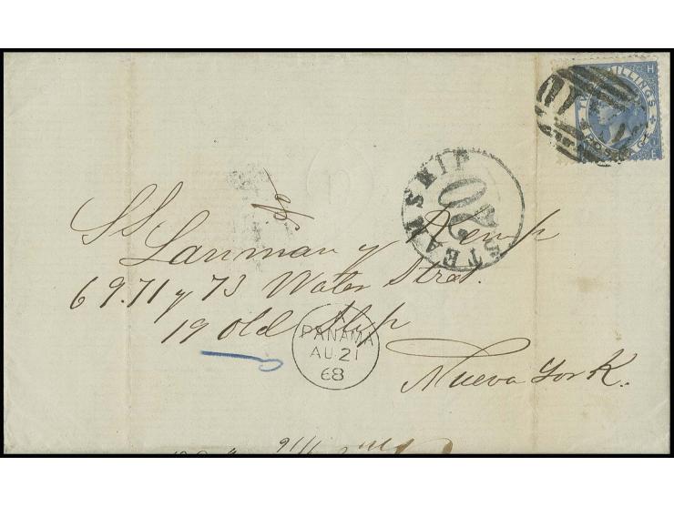 ECUADOR: 2 sh. blue, tied by "C41" to entire letter from "GUAYAQUIL AU 2 1868" with adjacent Panama transit mark and "STEAMSH