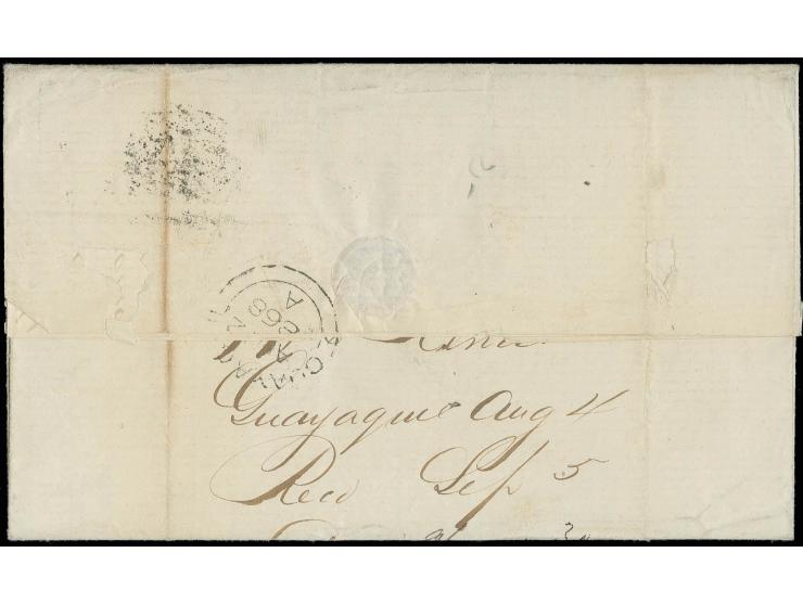 ECUADOR: 2 sh. blue, tied by "C41" to entire letter from "GUAYAQUIL AU 2 1868" with adjacent Panama transit mark and "STEAMSH