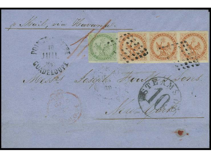 GUADELOUPE: "PAID AT GUADALOUPE", red crowned-circle handstamp on front of folded letter sheet franked with France Colonies g