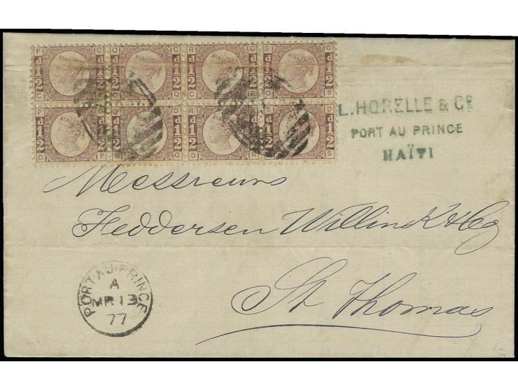 ½ d. rose-red, plate 12, horizontal block of 8 with "E53" on entire letter with adjacent "PORT AU PRINCE MR 13 77" to St. Tho