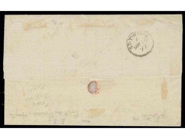 ½ d. rose-red, plate 12, horizontal block of 8 with "E53" on entire letter with adjacent "PORT AU PRINCE MR 13 77" to St. Tho