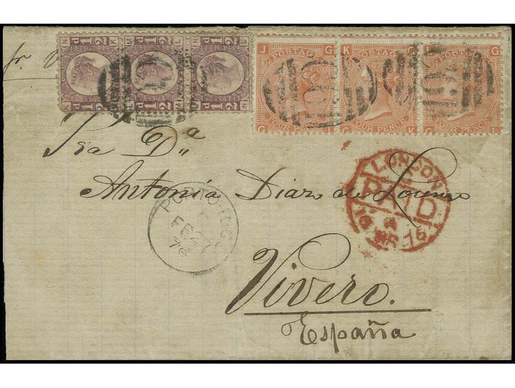 PUERTO RICO: ½ d. rose-red in vertical strip of 3 and 4 d. vermilion, plate 14, in vertical strip of 3, tied by 3 strikes of 