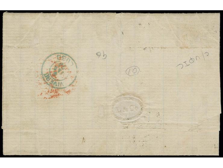 PUERTO RICO: ½ d. rose-red in vertical strip of 3 and 4 d. vermilion, plate 14, in vertical strip of 3, tied by 3 strikes of 
