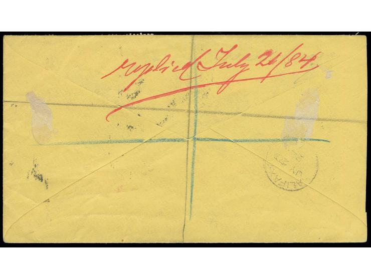 1884, ½ d. rose as horizontal pair and 4 d. grey with clear cds. "TRINIDAD JU 27" on registered cover to Halifax, fine