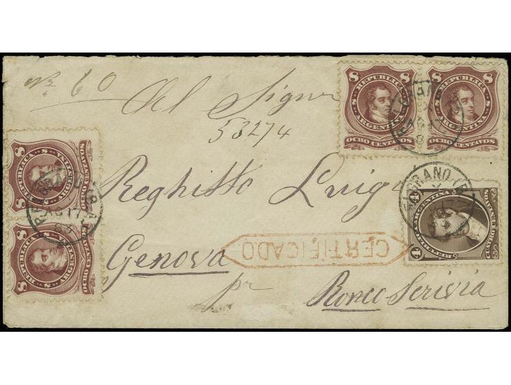 1867/74, 4 c. brown and 2 pairs 1880, 8 c. lake, all cancelled by cds. "BELGRANO (B.A.) / AG 17 83" to registered envelope to