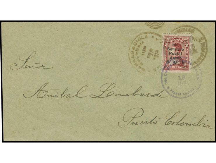1919, airmail 2 c. in excellent condition, tied by "BARRANQUILLA JUN 18 1919" to cover (opened on 2 sides) to Puerto Colombia