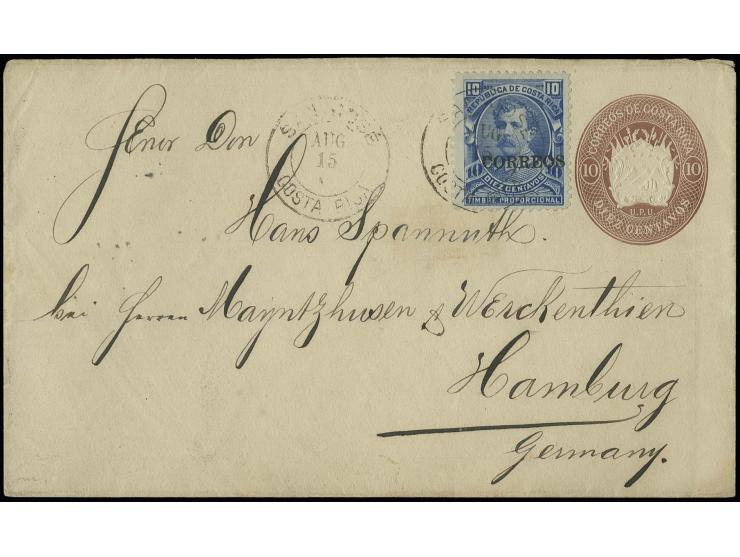 1889, unissued CORREOS 10 c. blue tied by cds. "SAN JOSE AUG 15 90" to postal stationery envelope 10 c. to Germany with trans