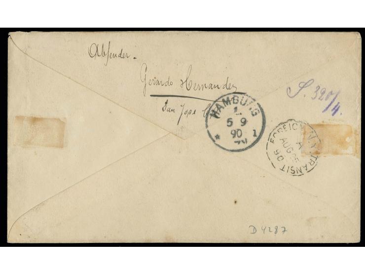 1889, unissued CORREOS 10 c. blue tied by cds. "SAN JOSE AUG 15 90" to postal stationery envelope 10 c. to Germany with trans