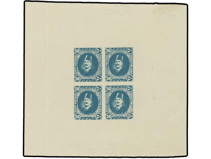 1922, essay of Harrison & Sons, 50 m. blue-green in imperforated miniature sheet of 4, ungummed, light crease in the margin o