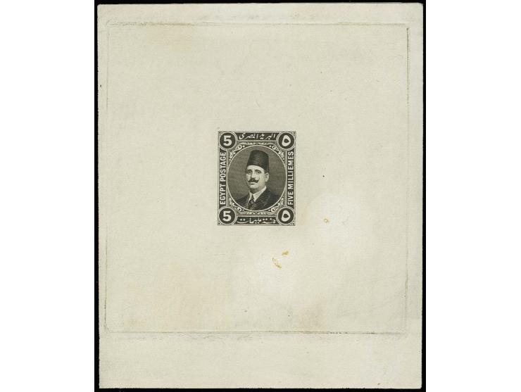 Fuad, essay 5 m. brownish-black, die proof in gravure printing in block format, light creasing in the lower right margin, fin