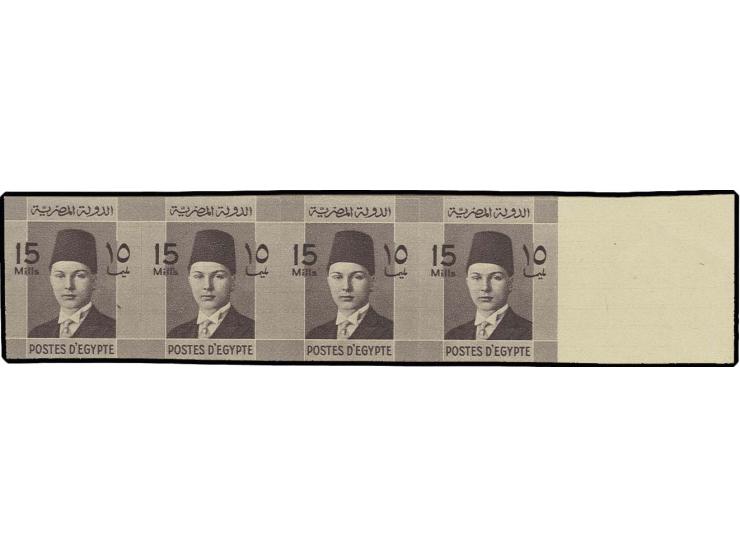 1952, King Faruk 15 m. violet, imperforated strip of four with right sheet margin, unused with gum, with inclined "Cancelled"