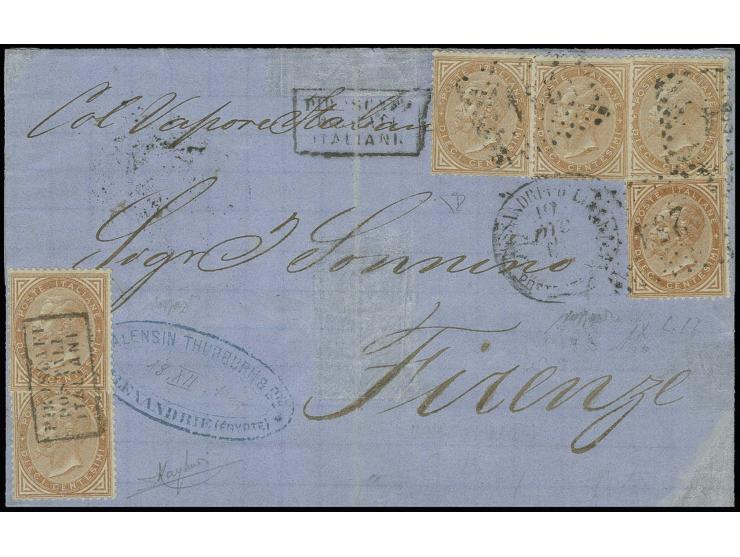 ITALIAN POST: 1867, De La Rue 10 c. orange-brown, 6 single copies, 4 tied by dotted numeral "234" and 2 by boxed "PIROSCAFI P