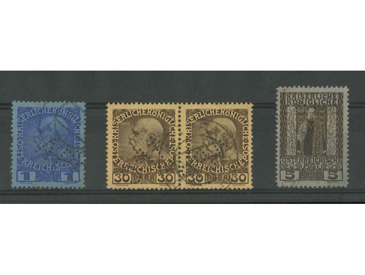 Austrian Post: 1908, 30 pa. in horizontal pair and 1pia. with perfin "A.P.C." and 5 pia. with perfin "CL/J"