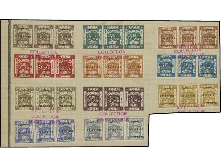 1921, London I 1m.-20 pia., all 15 main values in horizontal strips of three, tied by red "SPECIMEN COLLECTION MAURETANIE" to