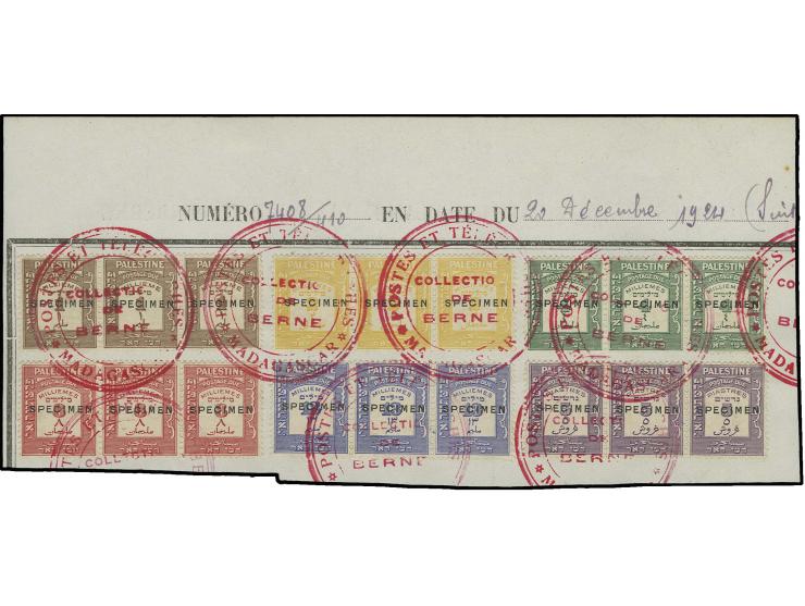 POSTAGE DUE STAMPS: 1924, 1 m.-5 pia. overprinted "Specimen" in horizontal strips of three, tied by red archive cancel "Colle
