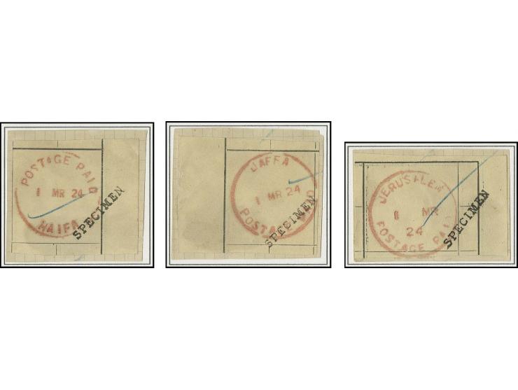 1924, "POSTAGE PAID" franks, proof strikes of Haifa, Jaffa and Jerusalem struck on cut-outs from postal registration sheets, 