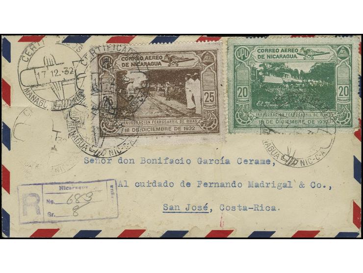 1932, railway line San Jorge-San Juan del Sur airmail 15 c.-1 cord. tied by special flight cancel "MANAGUA NIC-C-A 17.12." to
