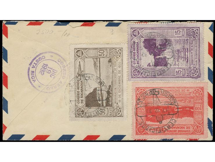 1932, railway line San Jorge-San Juan del Sur airmail 15 c.-1 cord. tied by special flight cancel "MANAGUA NIC-C-A 17.12." to