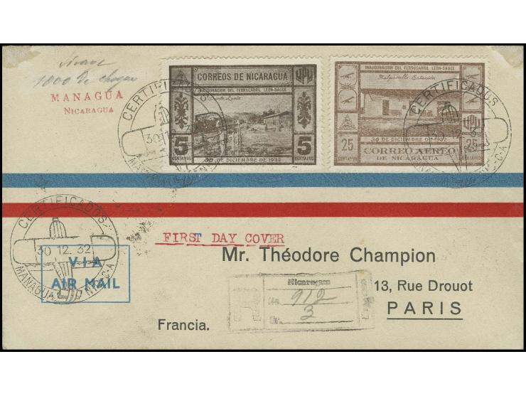 Railway line León-El Sauce 5 c. darkbrown and airmail 25 c. brown tied by special flight cancel "MANAGUA NIC-C-A 30.12." to r