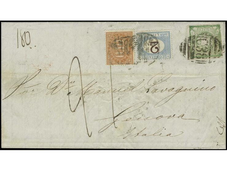 1868, 1 d. green, tied by barred oval "C38" to entire letter from "CALLAO DE 13 70" to Genua, Italy, franked upon arrival wit