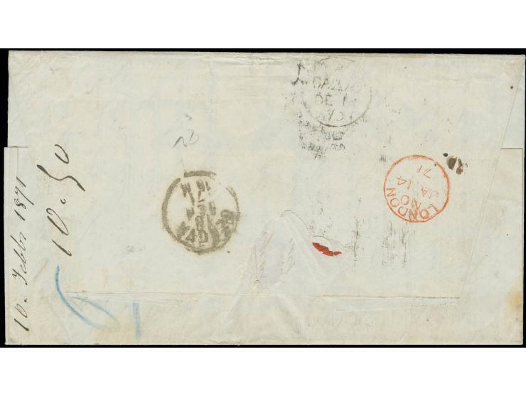 1868, 1 d. green, tied by barred oval "C38" to entire letter from "CALLAO DE 13 70" to Genua, Italy, franked upon arrival wit