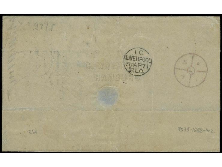 GABUN: 1869, ¼ Groschen lila, ½ Groschen orange, 1 Groschen karmin und 5 Groschen ockerbraun, mit EKr. "HAMBURG 3 4 71" auf B