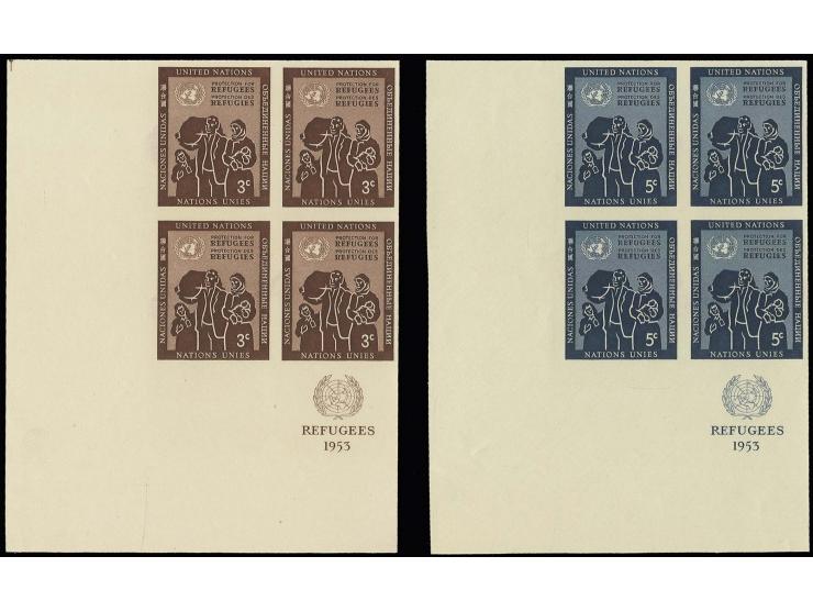 1953,Protection for refugees 3 c. and 5 c., plate proofs in insciption blocks of 4, unhinged mint, security finger prints
