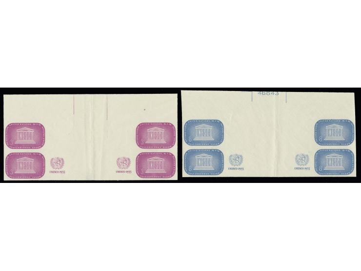 1955, UNESCO 3 c. and 8 c., plate proof gutter blocks of 4 with emblems, 8 c. with plate number, folded in the gutter, unhing