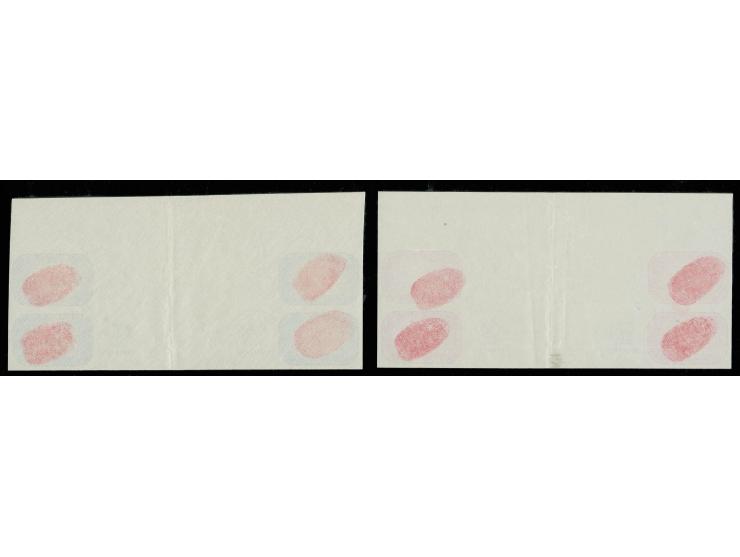 1955, UNESCO 3 c. and 8 c., plate proof gutter blocks of 4 with emblems, 8 c. with plate number, folded in the gutter, unhing