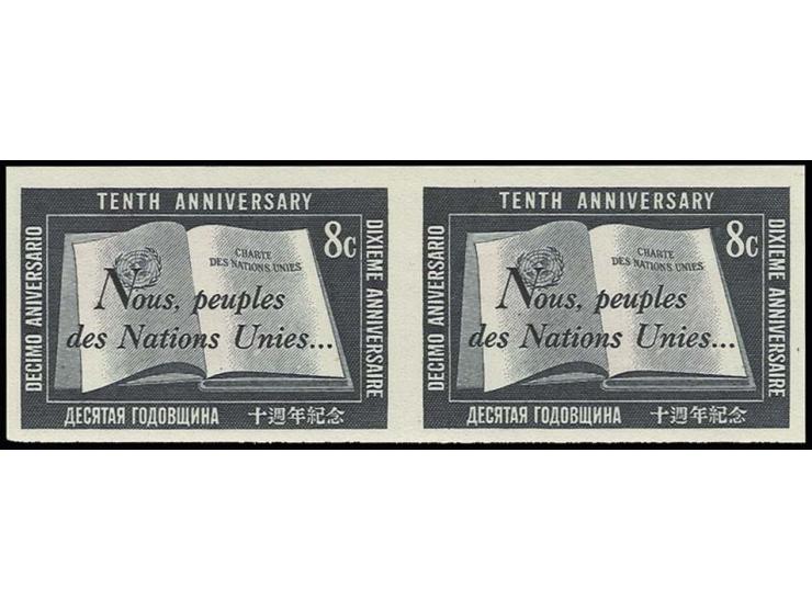 10th anniversary of UN, 3 c.- 8 c. in plate proof pairs, unhinged mint with security fingerprints