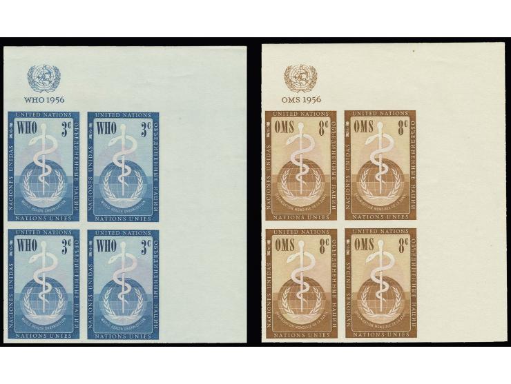 1956, WHO/OMS 3c. and 8 c. in plate proof  blocks of 4, unhinged mint with security fingerprints