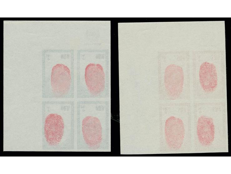1956, WHO/OMS 3c. and 8 c. in plate proof  blocks of 4, unhinged mint with security fingerprints