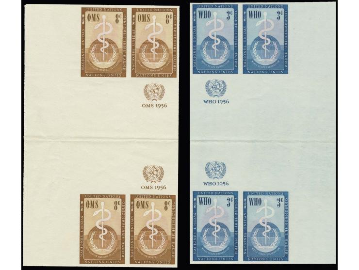 WHO/OMS 3c. and 8 c. in plate proof gutter blocks of 4, unhinged mint with security fingerprints, folded in the gutter and 8 