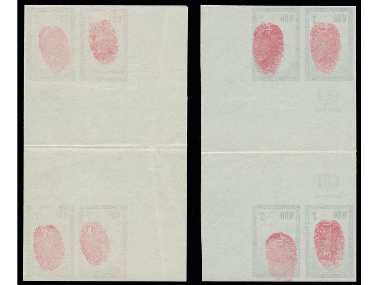 WHO/OMS 3c. and 8 c. in plate proof gutter blocks of 4, unhinged mint with security fingerprints, folded in the gutter and 8 