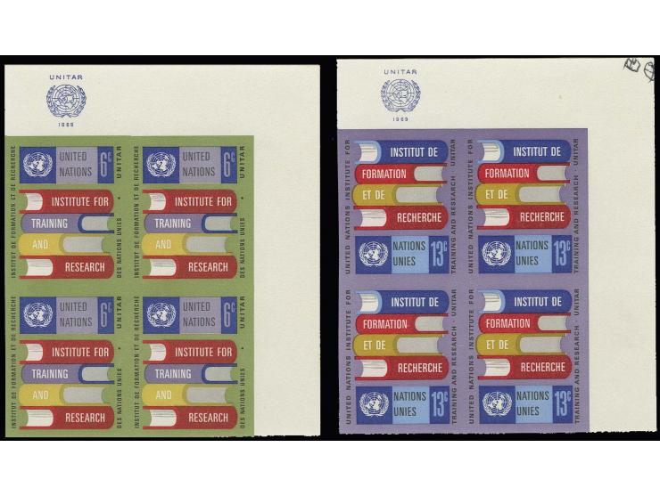 1969, Institute for training and research 6c. and 13c., imperforated plate proofs in corner blocks of 4, security finger prin
