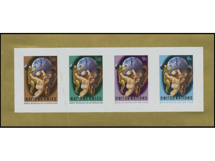 1974, World population year 10 c. and 18 c. with Geneva 0,40 sfr. and 0,80 sfr. as combined die proof block of 4